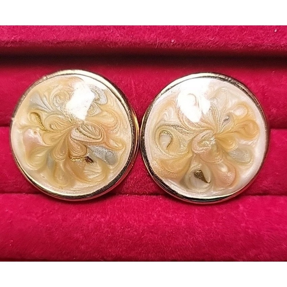 Vintage Earrings Gold Time Cream Swirl Art Deco Disc Circles Large